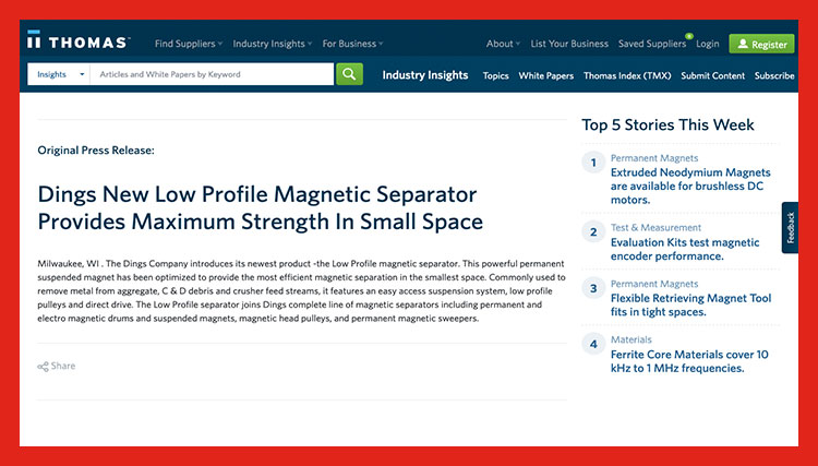 Dings Low Profile Magnetic Separator News Article