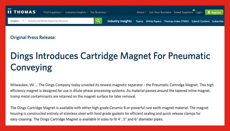 Dings Cartridge Magnet for Pneumatic Conveyor News Article