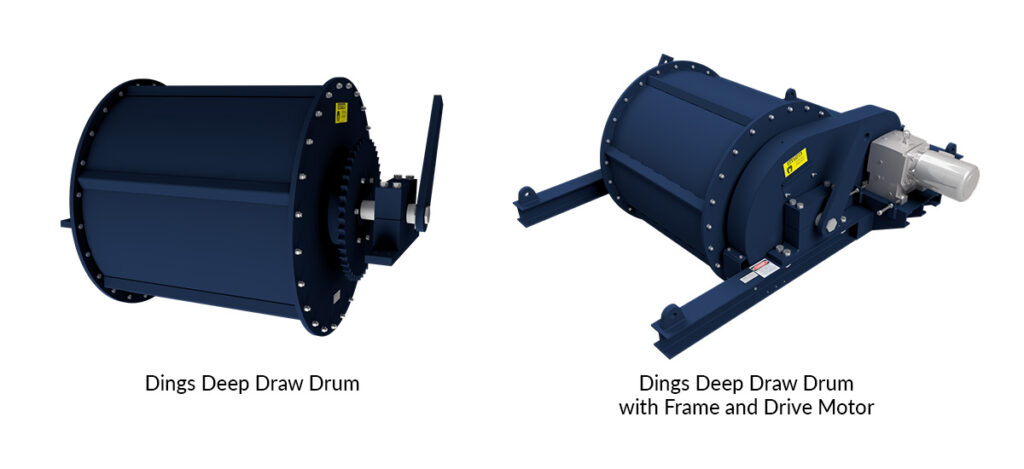 Deep Draw Drum Magnetic Separators shown with and without frame and drive motor