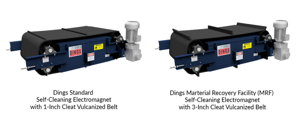 Overhead self-cleaning electromagnets shown with standard and 3-inch cleat belts.